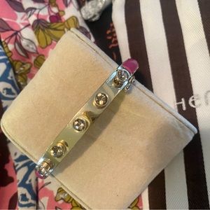 HENRI BENDEL GOLD & FUCHSIA LEATHER & SWAROVSKI CRYSTAL BANGLE